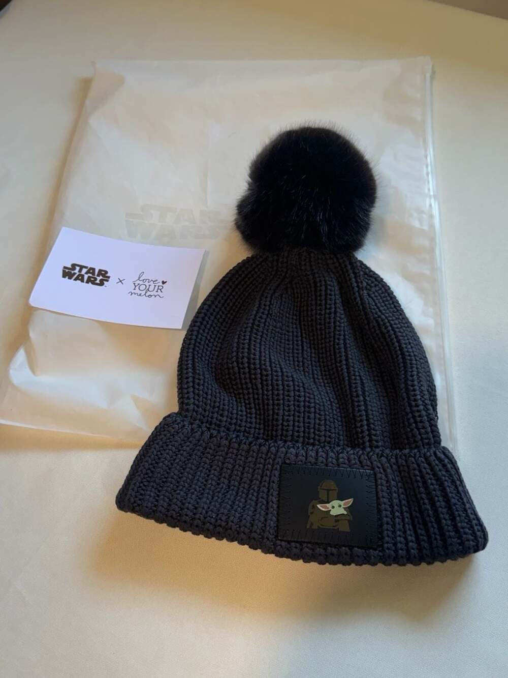 Star Wars Mandalorian Grogu Love Your Melon Knit Beanie Hat NWT Charcoal